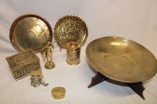 A selection of various Eastern brass ware including Chinese circular shallow bowl with engraved