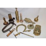 A selection of various decorative metal ware including embossed brass wall mounted match holder