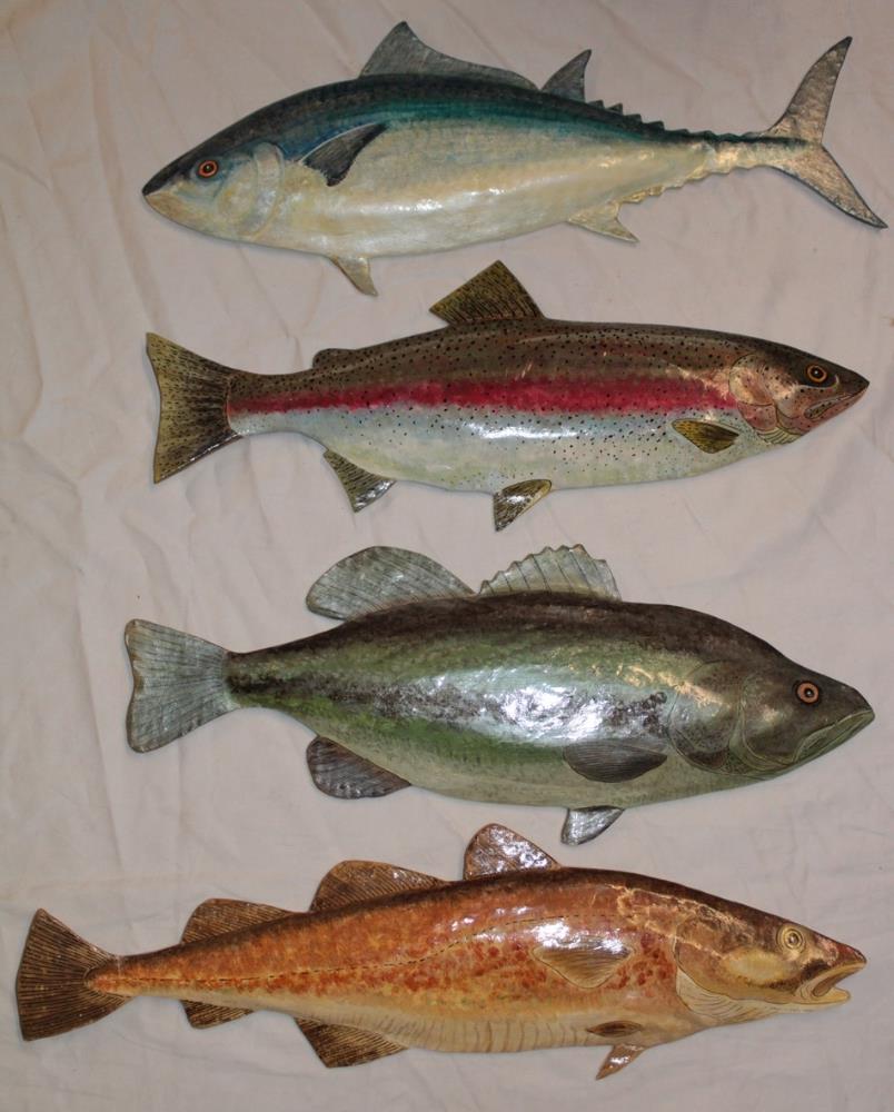 Four paper mache wall plaques of fish by Sue Baker of Breage, Helston including tunny, bass,