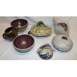 A selection of Cornish and other studio pottery including glazed terracotta tortoise jar and cover