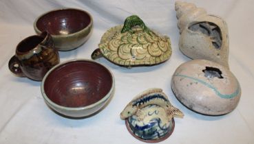 A selection of Cornish and other studio pottery including glazed terracotta tortoise jar and cover