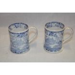 A pair of 19th century Staffordshire pottery half pint tankards with blue and white landscape