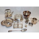 Various silver-plated items including rectangular entree dish, spirit kettle and stand,