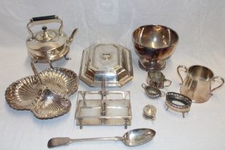 Various silver-plated items including rectangular entree dish, spirit kettle and stand,