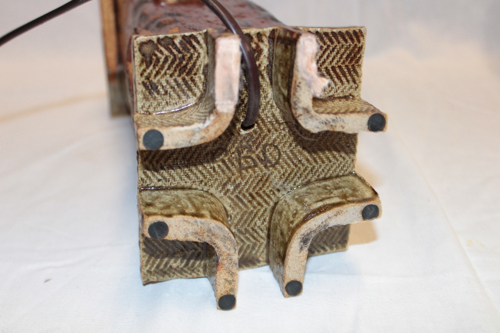 A studio pottery square table lamp with raised decoration marked "RBD" 14" high overall - Image 3 of 3