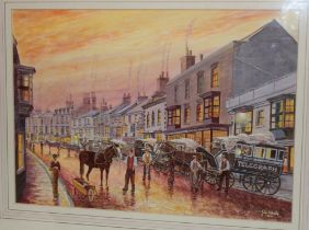 John Whale - watercolour Helston street scene with the St.