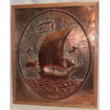 A Cornish copper rectangular plaque decorated in relief with Viking ships, 23½" x 19½",