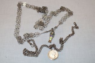 A silver pocket watch chain with silver coin fob and an Eastern silvered filigree necklace (2)