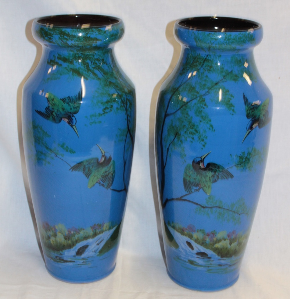 A pair of large Torquay pottery tapered vases with kingfisher decoration on blue ground,