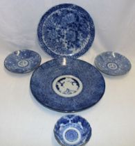 A 19th century Japanese pottery circular charger with blue and white floral decoration 14" diameter;