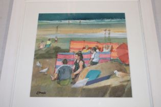 Ken Symonds - watercolour Cornish beach scene with figures, signed,