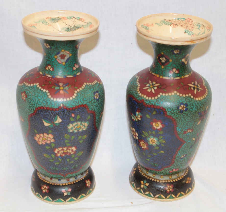 A pair of Japanese Satsuma pottery tapered vases with painted floral decoration 11" high