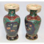 A pair of Japanese Satsuma pottery tapered vases with painted floral decoration 11" high