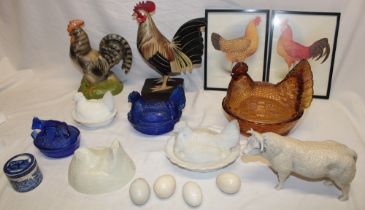 A selection of farmyard related collectables including an unusual fibre clucking rooster figure,