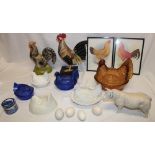 A selection of farmyard related collectables including an unusual fibre clucking rooster figure,