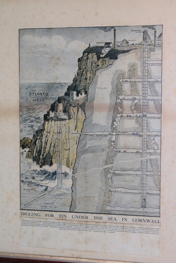 A 19th century hand coloured Cornish mining print "Digging for Tin Under the Sea in Cornwall" after