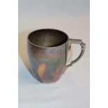 A 20th century silver Christening-style tankard with scroll handle and engraved initials,
