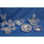 A Stuart crystal circular bowl, pair of Stuart cut-crystal candlesticks,