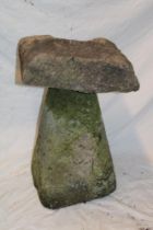 A Cornish weathered granite staddle stone/mushroom with square tapered top,