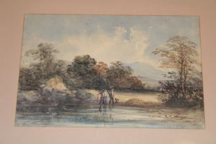Artist Unknown - watercolour Figures walking along a river bank 9½" x 14"