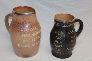 A Doulton Slater's patent pottery tankard-shaped jug "The Landlord's Caution" with silver mounted