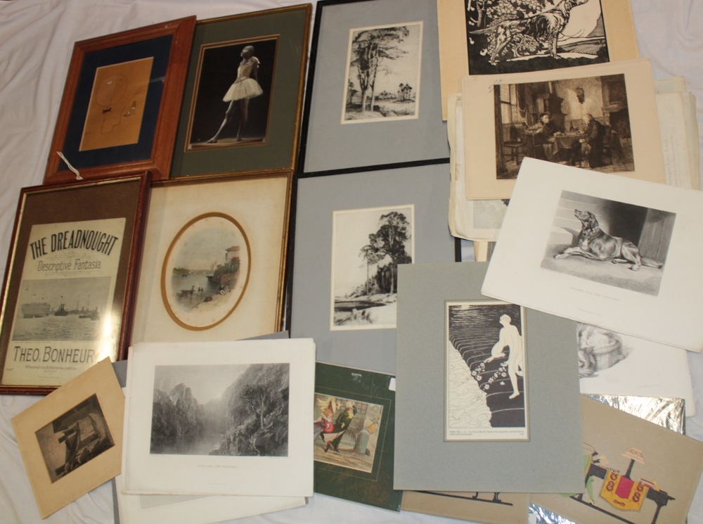 A selection of various framed etchings, prints,