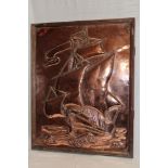 A Cornish copper rectangular plaque decorated in relief with a sailing galleon,