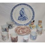 A selection of Victorian commemorative china including large 15" Staffordshire pottery charger with