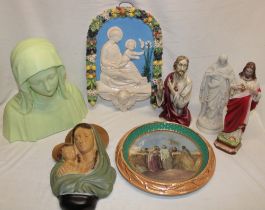 A selection of religious plaques and figures including a large plaster bust figure of the Virgin