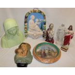 A selection of religious plaques and figures including a large plaster bust figure of the Virgin