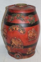 A 19th century painted stoneware gin barrel decorated in relief with coats of arms,