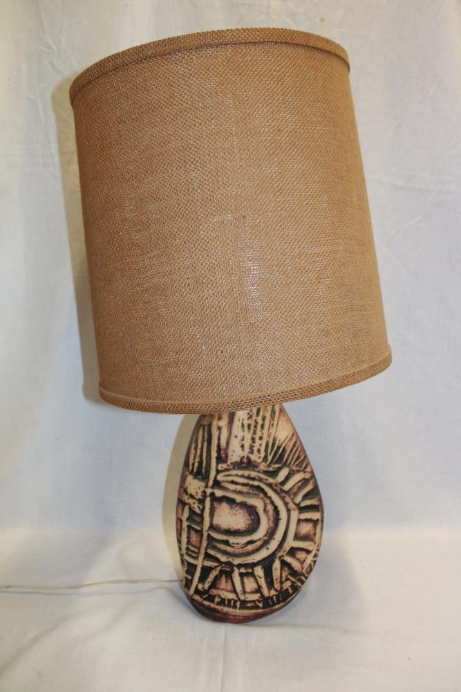 A Cornish Tremaen studio pottery table lamp with geometric decoration and shade