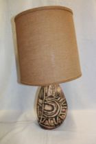 A Cornish Tremaen studio pottery table lamp with geometric decoration and shade
