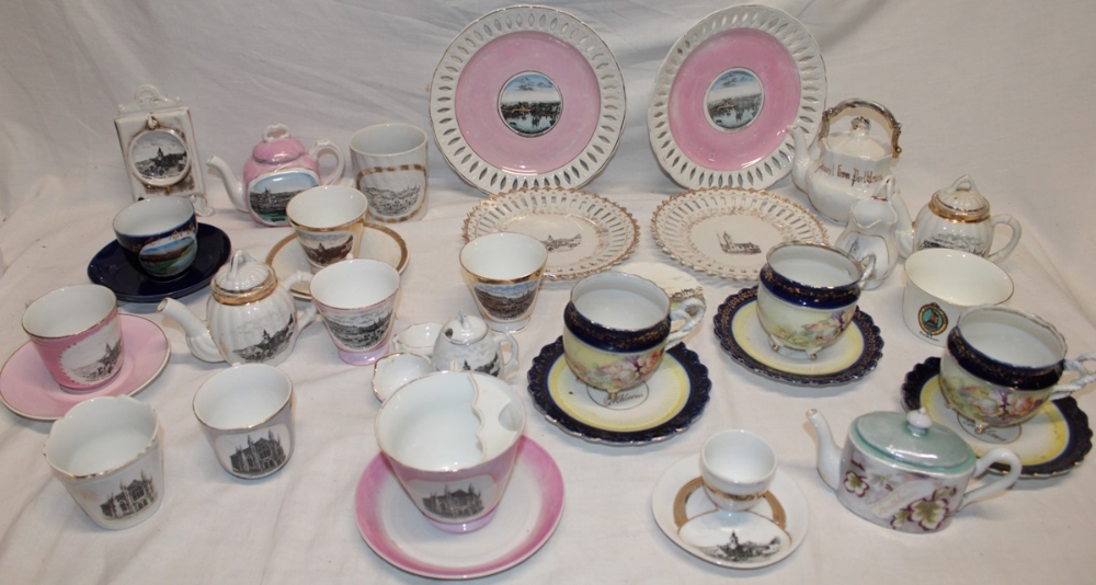 A large selection of Porthleven souvenir china and decorative china including cups and saucers,