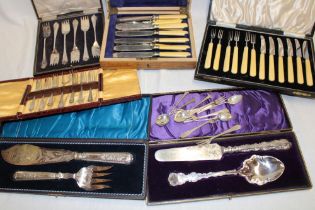 Various silver-plated cutlery, mainly cased including a pair of cased fish servers,