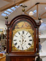 A Regency mahogany 8-day long case clock, with painted arch dial depicting ruins, Roman numeral dial