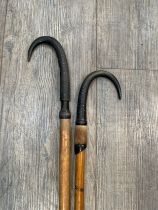 Two Alpine walking canes with antler handles, one marked Grindelwold (2) 84cm x 95cm