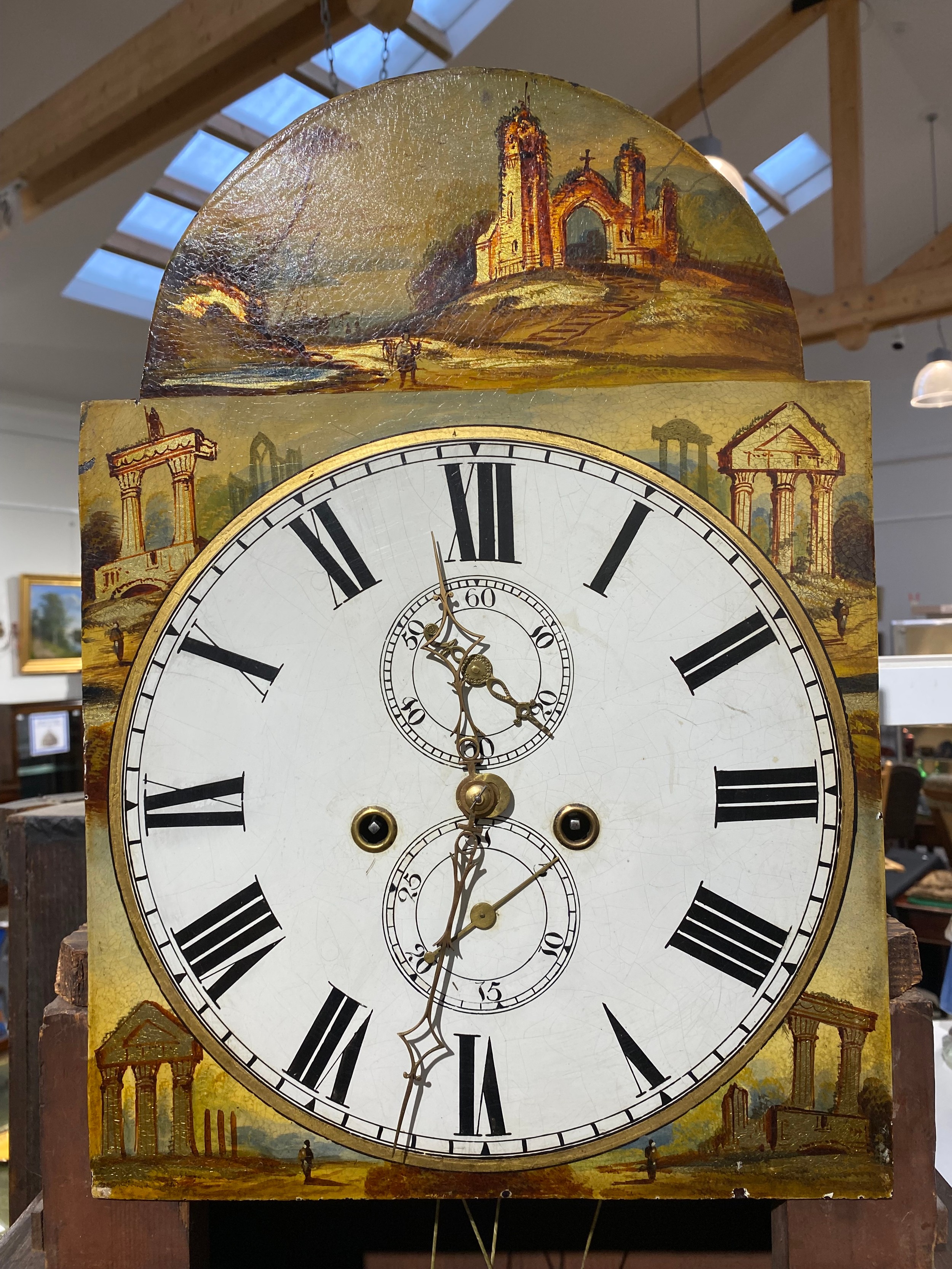 A Regency mahogany 8-day long case clock, with painted arch dial depicting ruins, Roman numeral dial - Image 4 of 6