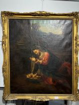 A picture on canvas depicting Mary adoring The baby Jesus, condition poor with bitumen