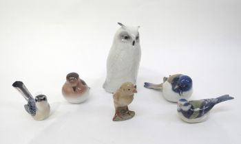 Copenhagen and Bing & Grondahl Denmark small birds and larger owl figures (ear glued to owl),