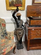 A 19th Century carved wood blackamoor figure folding aloft & fluted tray cracks and repair to arm