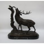 A hollow cast bronze of a stag by a tree, on marble base. Unsigned, 41cm x 40cm