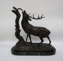 A hollow cast bronze of a stag by a tree, on marble base. Unsigned, 41cm x 40cm