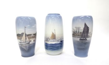 Two Royal Copenhagen maritime scene vases and a Lynghy Denmark maritime vase, 18.5cm tall & 17cm