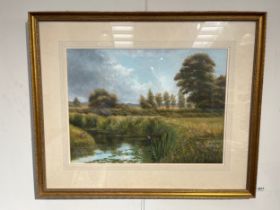 JAMES ALLEN: Watercolour depicting river and fields with kingfisher and ducks to the foreground,