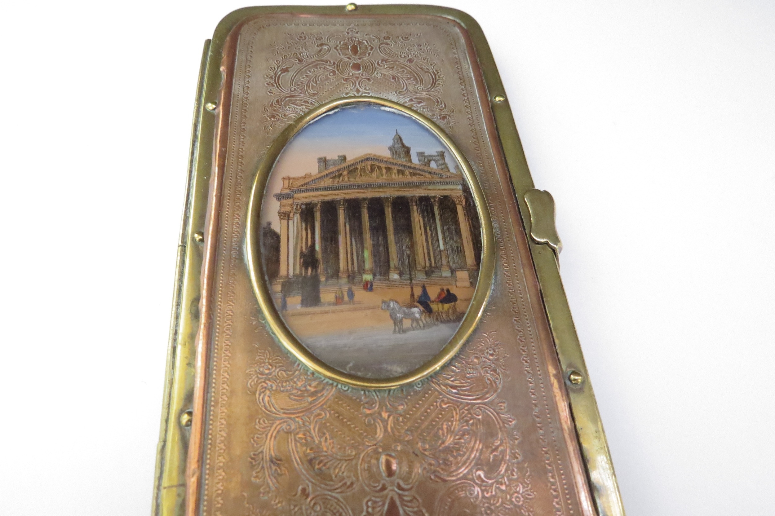 A 19th Century Grand Tour pouch/spectacle case having a brass frame with embossed copper panels to - Image 2 of 4