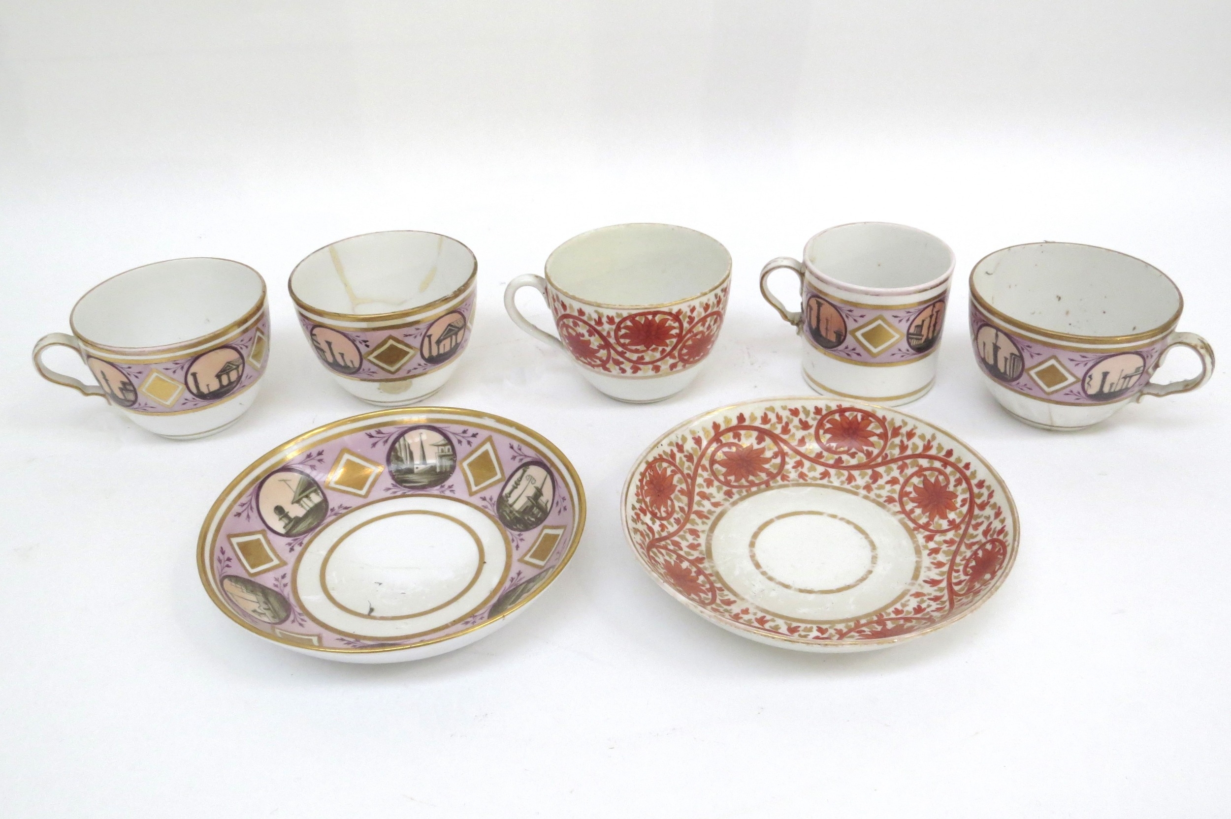 Mixed 19th Century ceramics including staple repaired Derby pot, teacups and saucers, Spode egg cup, - Image 5 of 7