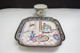 A Canton enamel dish with figure scene, together similar Saki cup (2) some losses