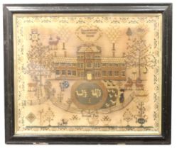 A 19th Century sampler depicting "Newland Park" and titled "Bless Are They That Remember The