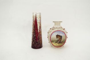 Two Victorian glass vases one of conical form the other with painted panel depicting a fox praying